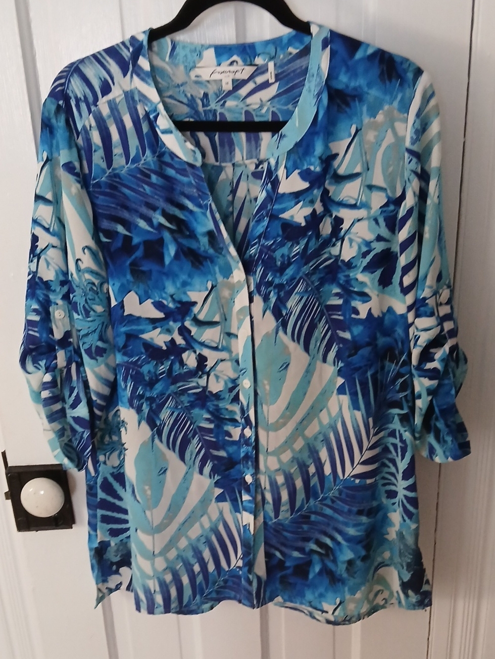 Foxcroft Blue and White Tropical Print Button-Down Shirt